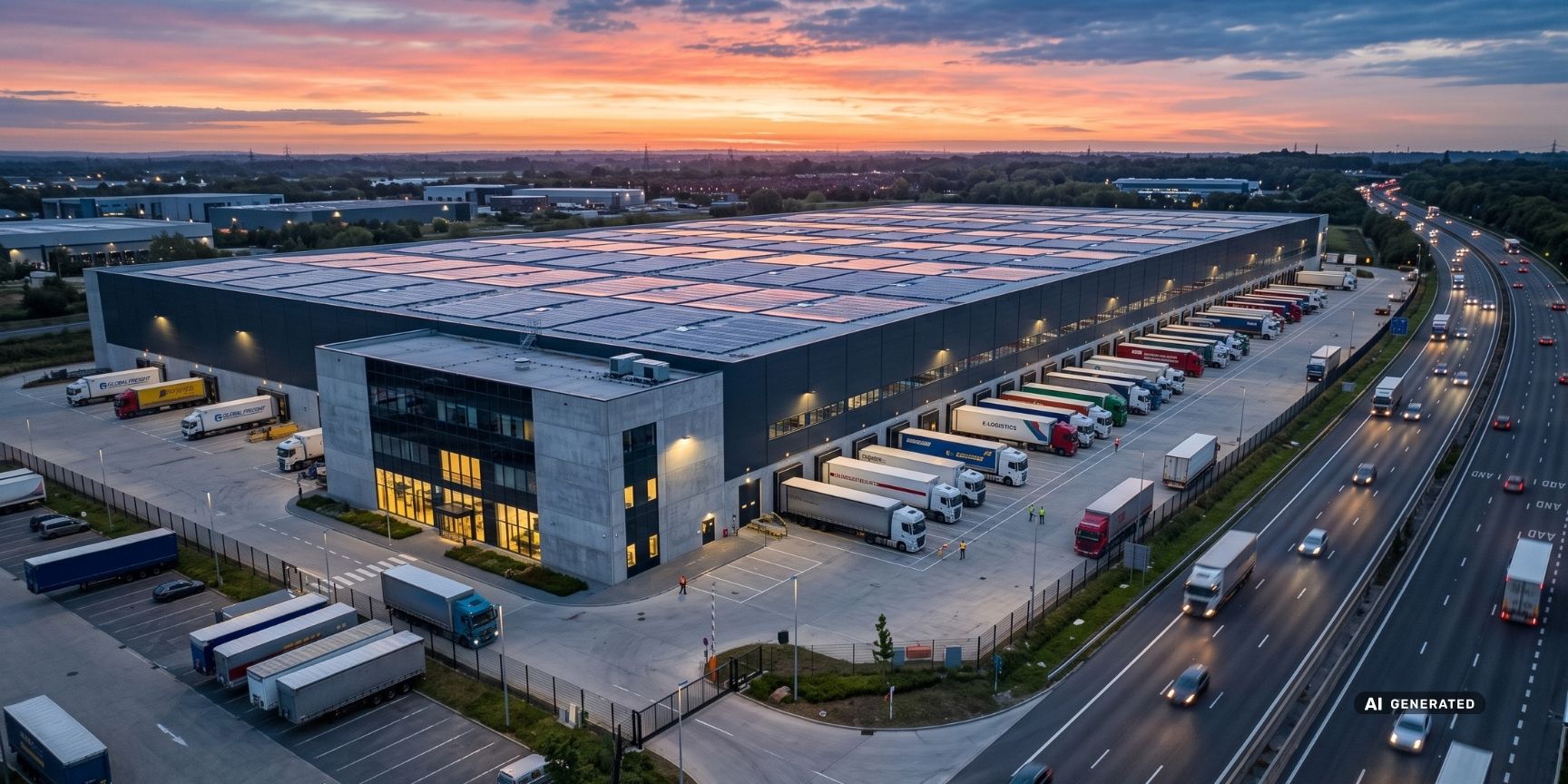 Außenansicht eines modernen Logistikzentrums für Cross-Border-E-Commerce an einer Autobahn. Zeigt Solardach und Lkw-Rampen für schnelles Fulfillment.